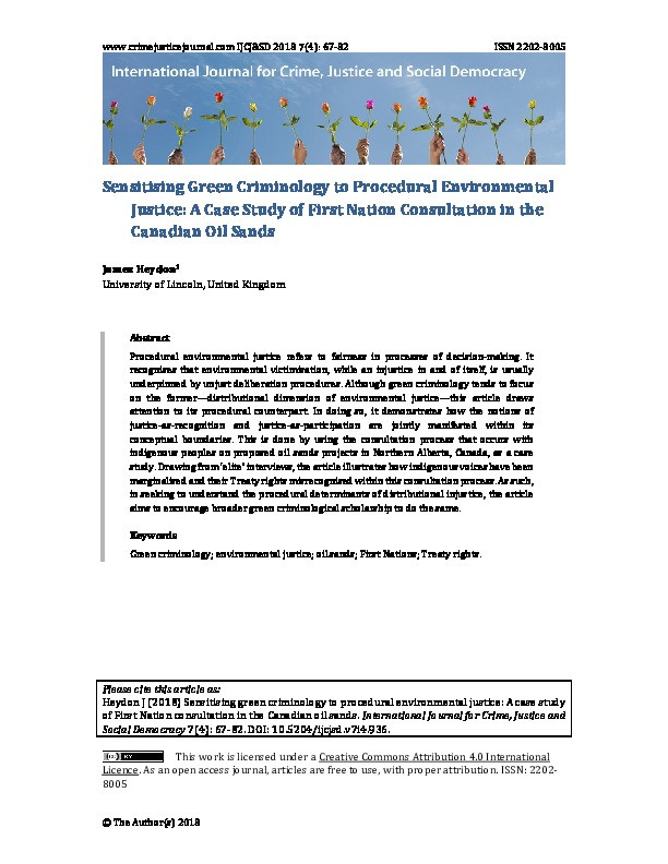 Sensitising Green Criminology to Procedural Environmental Justice: A Case Study of First Nation Consultation in the Canadian Oil Sands Thumbnail