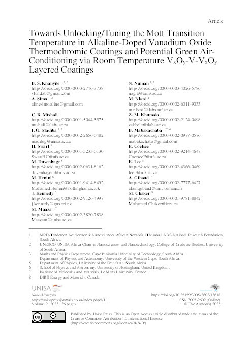 Towards Unlocking/Tuning the Mott Transition Temperature in Alkaline-Doped Vanadium Oxide Thermochromic Coatings and Potential Green Air-Conditioning via Room Temperature VxOy-V-VxOy Layered Coatings Thumbnail