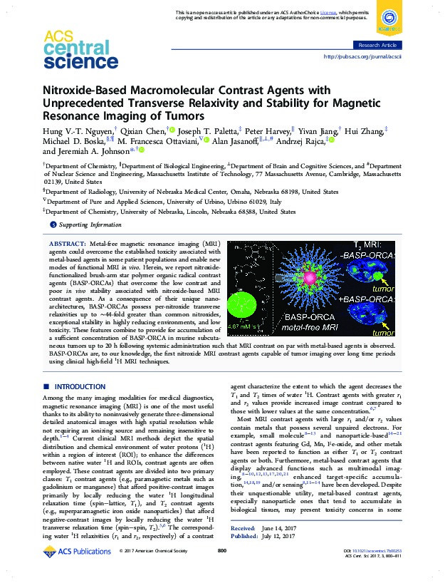 Nitroxide-Based Macromolecular Contrast Agents with Unprecedented Transverse Relaxivity and Stability for Magnetic Resonance Imaging of Tumors Thumbnail