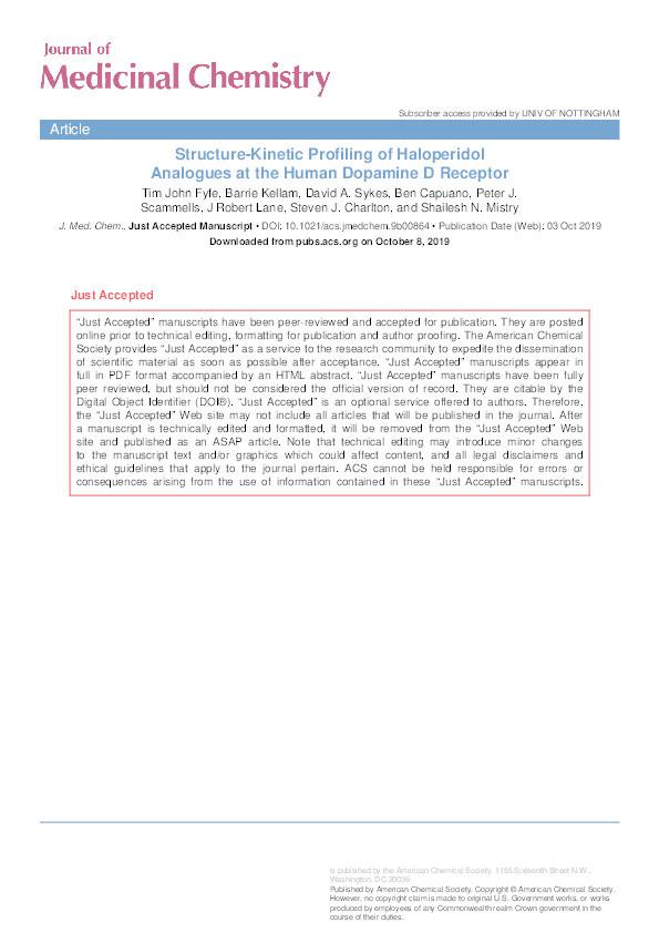 Structure-Kinetic Profiling of Haloperidol Analogues at the Human Dopamine D2 Receptor Thumbnail