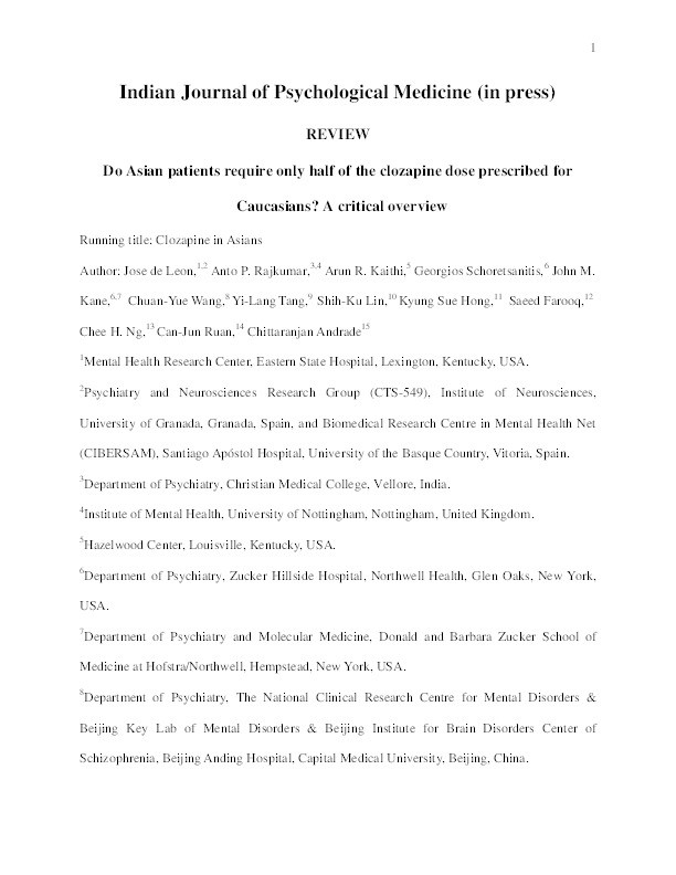 Do asian patients require only half of the clozapine dose prescribed for caucasians? A critical overview Thumbnail