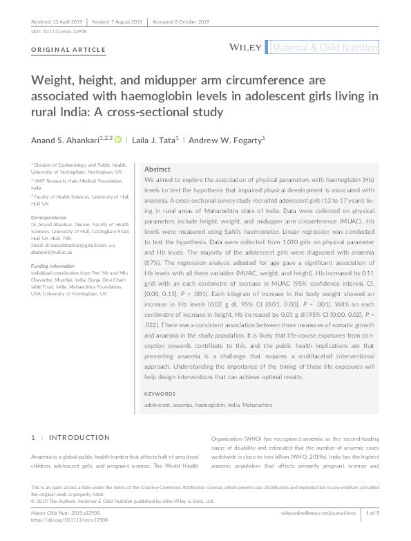 Weight, height and midupper arm circumference are associated with haemoglobin levels in adolescent girls living in rural India: A cross-sectional study Thumbnail
