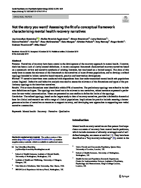 Not the story you want? Assessing the fit of a conceptual framework characterising mental health recovery narratives Thumbnail