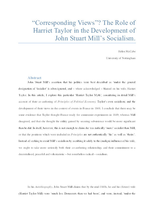 Harriet Taylor and John Stuart Mill's Socialism Thumbnail