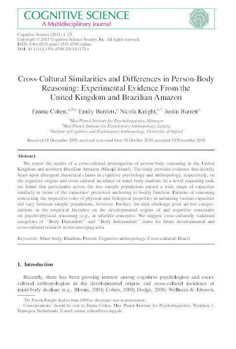 Cross-Cultural Similarities and Differences in Person-Body Reasoning: Experimental Evidence From the United Kingdom and Brazilian Amazon Thumbnail