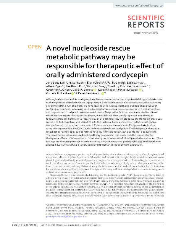 A novel nucleoside rescue metabolic pathway may be responsible for therapeutic effect of orally administered cordycepin Thumbnail