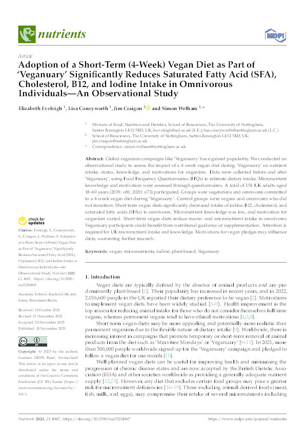 Adoption of a Short-Term (4-Week) Vegan Diet as Part of ‘Veganuary’ Significantly Reduces Saturated Fatty Acid (SFA), Cholesterol, B12, and Iodine Intake in Omnivorous Individuals—An Observational Study Thumbnail