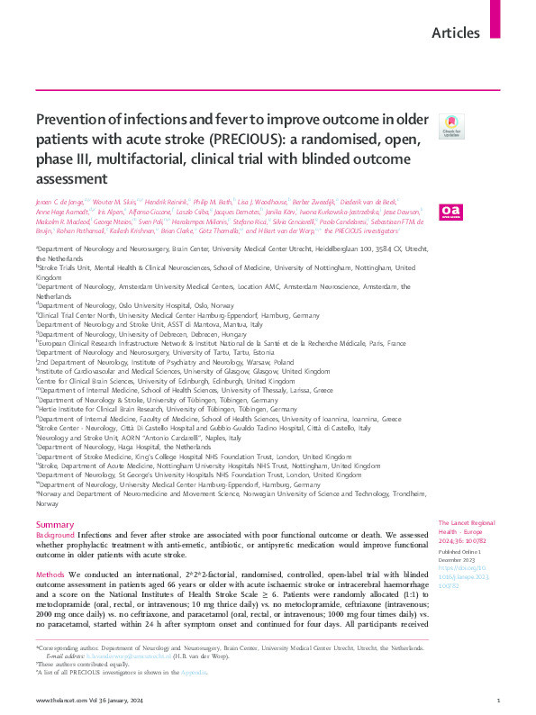 Prevention of infections and fever to improve outcome in older patients with acute stroke (PRECIOUS): a randomised, open, phase III, multifactorial, clinical trial with blinded outcome assessment Thumbnail