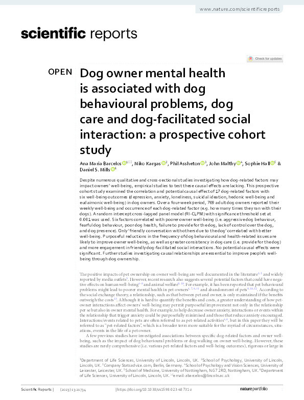 Dog owner mental health is associated with dog behavioural problems, dog care and dog-facilitated social interaction: a prospective cohort study Thumbnail