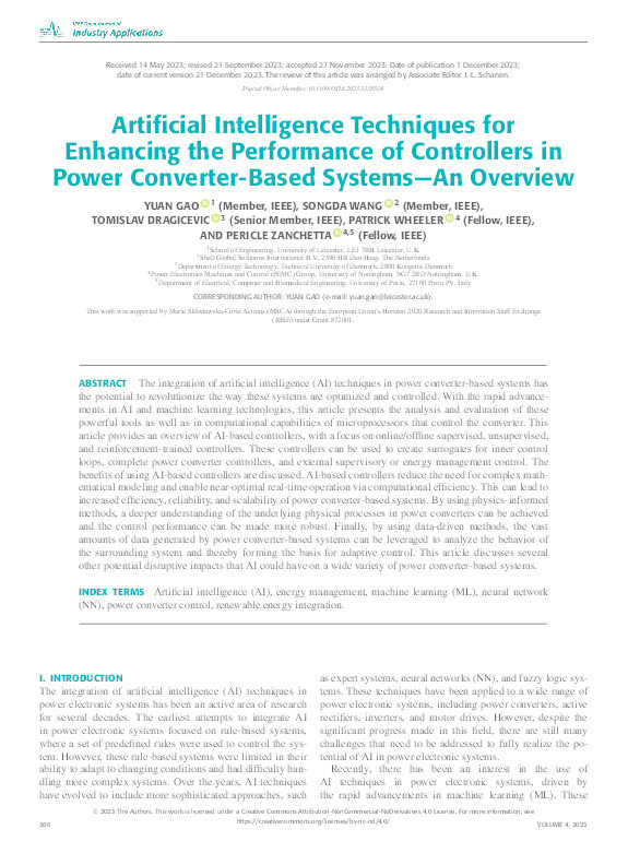 Artificial Intelligence Techniques for Enhancing the Performance of Controllers in Power Converter-Based Systems—An Overview Thumbnail