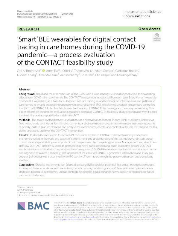 ‘Smart’ BLE wearables for digital contact tracing in care homes during the COVID-19 pandemic—a process evaluation of the CONTACT feasibility study Thumbnail