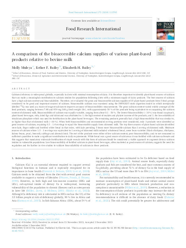 A comparison of the bioaccessible calcium supplies of various plant-based products relative to bovine milk Thumbnail