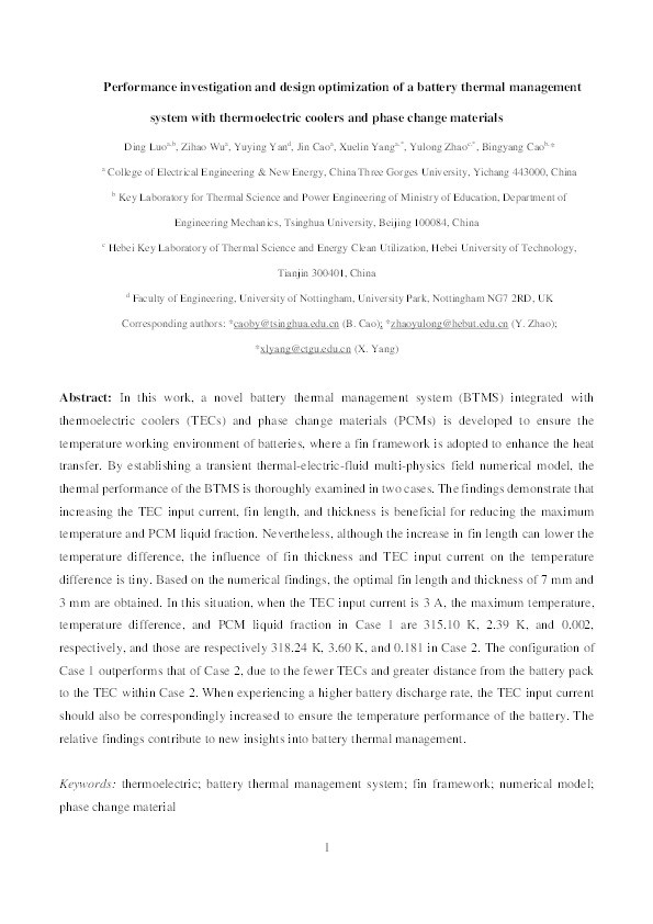 Performance investigation and design optimization of a battery thermal management system with thermoelectric coolers and phase change materials Thumbnail