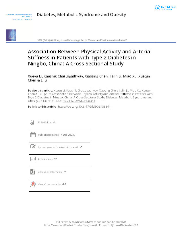 Association Between Physical Activity and Arterial Stiffness in Patients with Type 2 Diabetes in Ningbo, China: A Cross-Sectional Study Thumbnail