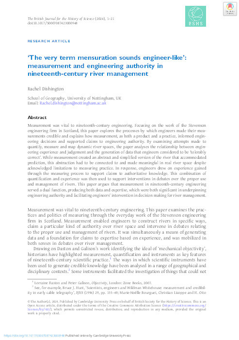 ‘The very term mensuration sounds engineer-like’: measurement and engineering authority in nineteenth-century river management Thumbnail