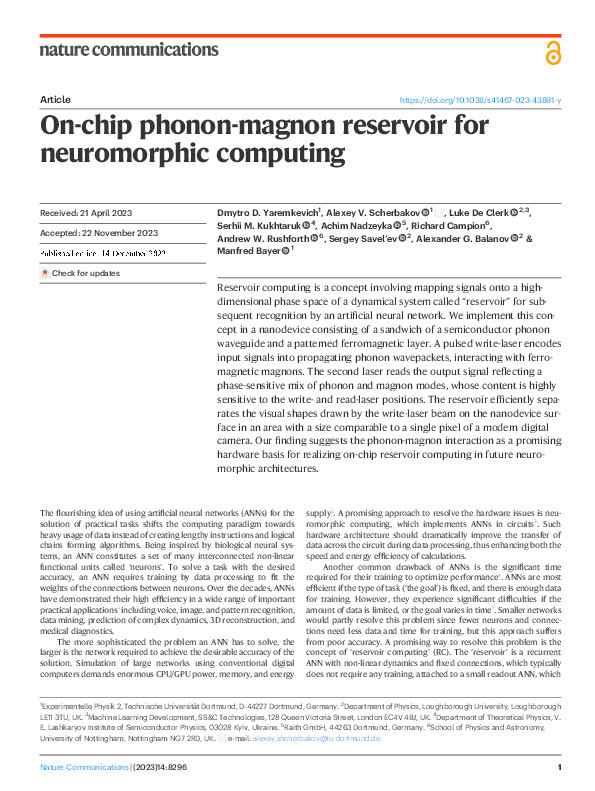 On-chip phonon-magnon reservoir for neuromorphic computing Thumbnail