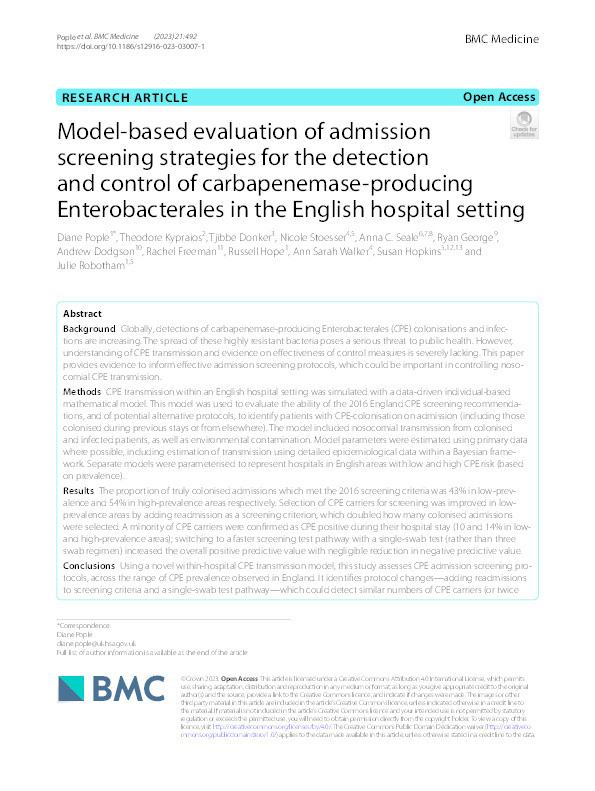 Model-based evaluation of admission screening strategies for the detection and control of carbapenemase-producing Enterobacterales in the English hospital setting Thumbnail