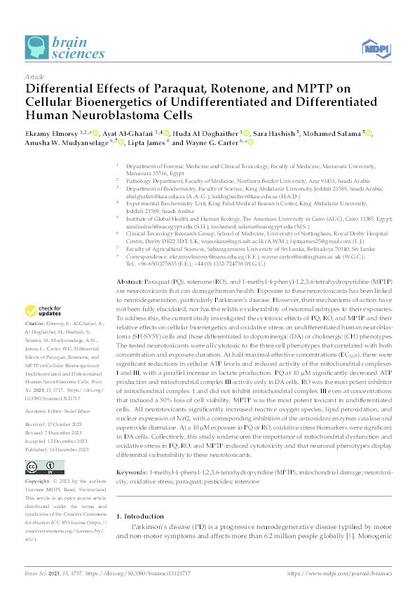 Differential Effects of Paraquat, Rotenone, and MPTP on Cellular Bioenergetics of Undifferentiated and Differentiated Human Neuroblastoma Cells Thumbnail