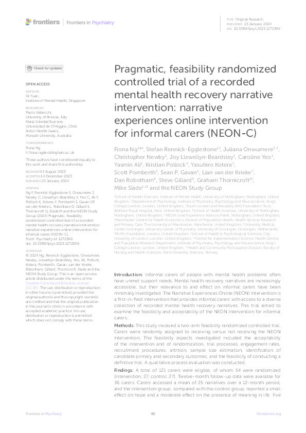 Pragmatic, feasibility randomized controlled trial of a recorded mental health recovery narrative intervention: narrative experiences online intervention for informal carers (NEON-C) Thumbnail