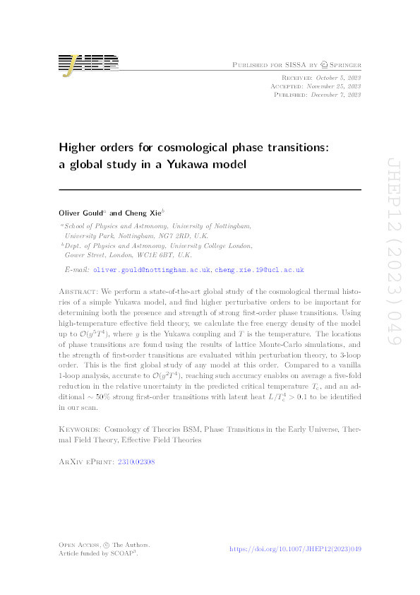 Higher orders for cosmological phase transitions: a global study in a Yukawa model Thumbnail
