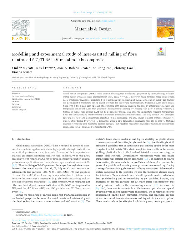 Modelling and experimental study of laser-assisted milling of fibre reinforced SiC/Ti-6Al-4V metal matrix composite Thumbnail