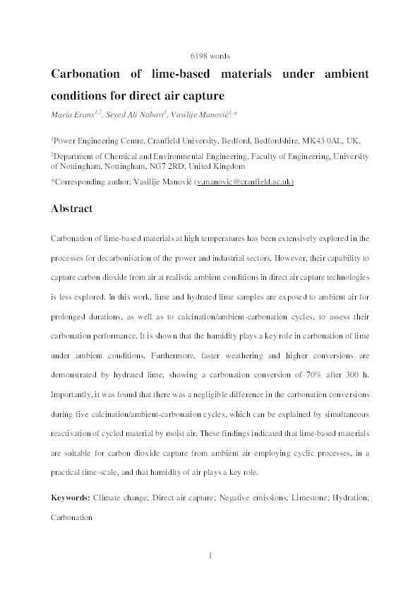 Carbonation of lime-based materials under ambient conditions for direct air capture Thumbnail