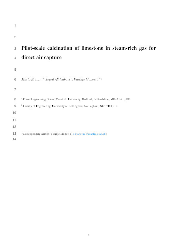 Pilot-scale calcination of limestone in steam-rich gas for direct air capture Thumbnail