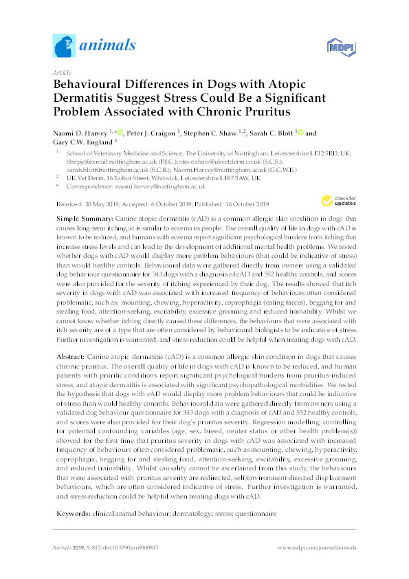 Behavioural Differences in Dogs with Atopic Dermatitis Suggest Stress Could Be a Significant Problem Associated with Chronic Pruritus Thumbnail