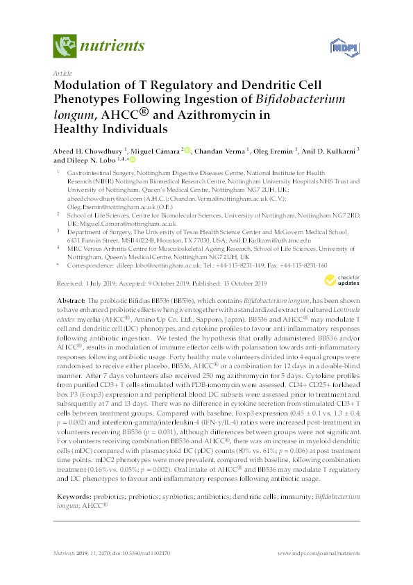 Modulation of T regulatory and dendritic cell phenotypes following ingestion of Bifidobacterium longum, active hexose correlated compound (AHCC®) and azithromycin in healthy individuals Thumbnail