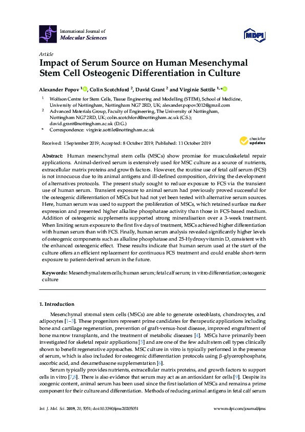 Impact of Serum Source on Human Mesenchymal Stem Cell Osteogenic Differentiation in Culture Thumbnail