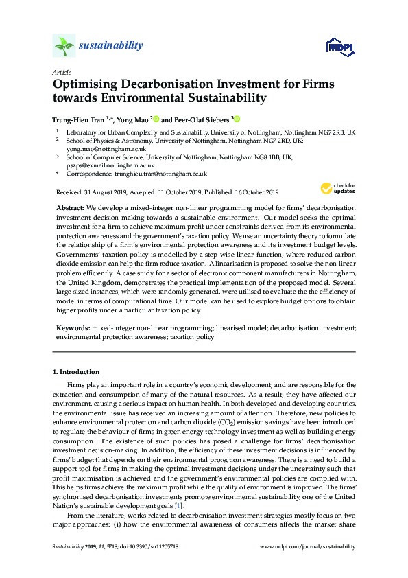 Optimising Decarbonisation Investment for Firms towards Environmental Sustainability Thumbnail