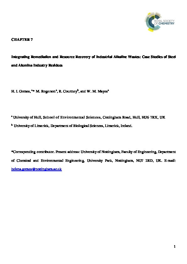 Chapter 7: Integrating Remediation and Resource Recovery of Industrial Alkaline Wastes: Case Studies of Steel and Alumina Industry Residues Thumbnail