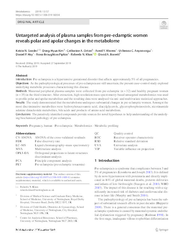 Untargeted analysis of plasma samples from pre-eclamptic women reveals polar and apolar changes in the metabolome Thumbnail