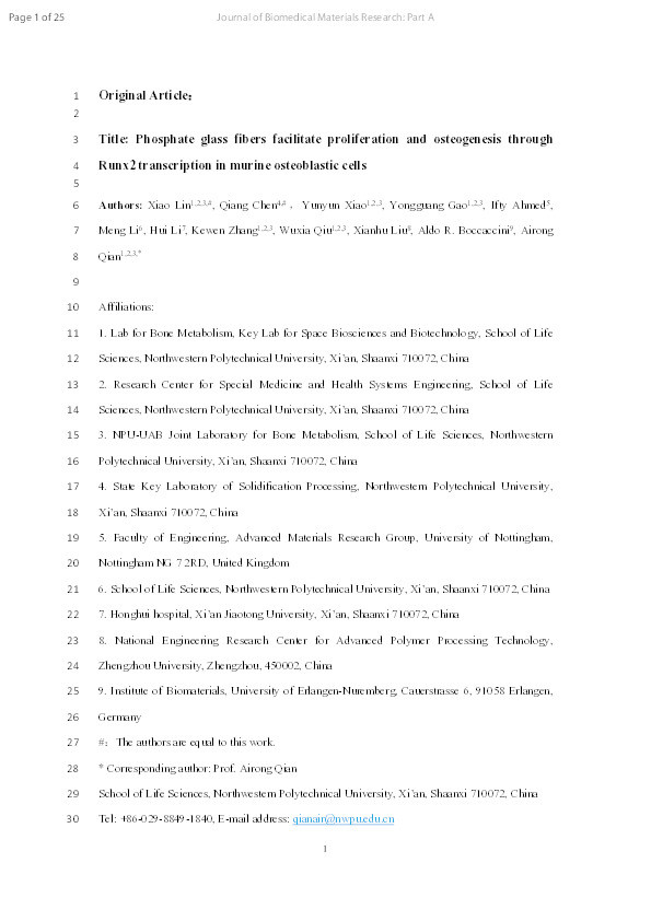 Phosphate glass fibers facilitate proliferation and osteogenesis through Runx2 transcription in murine osteoblastic cells Thumbnail
