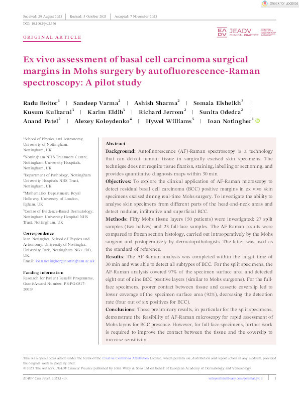 Ex vivo assessment of basal cell carcinoma surgical margins in Mohs surgery by autofluorescence-Raman spectroscopy: A pilot study Thumbnail