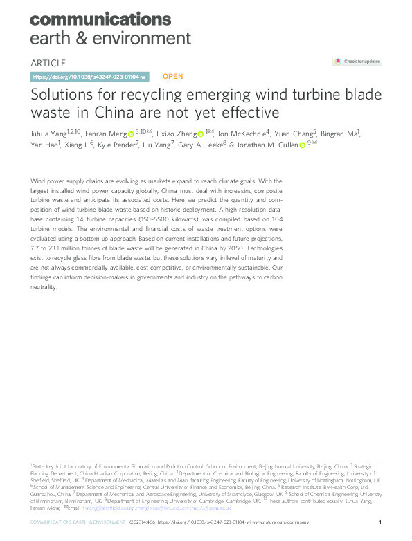 Solutions for recycling emerging wind turbine blade waste in China are not yet effective Thumbnail
