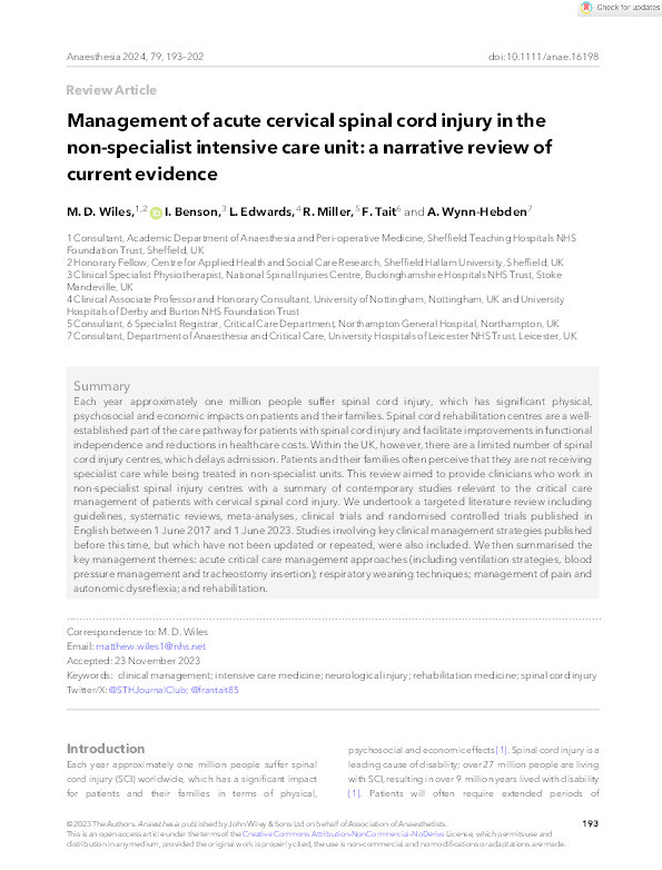 Management of acute cervical spinal cord injury in the non‐specialist intensive care unit: a narrative review of current evidence Thumbnail