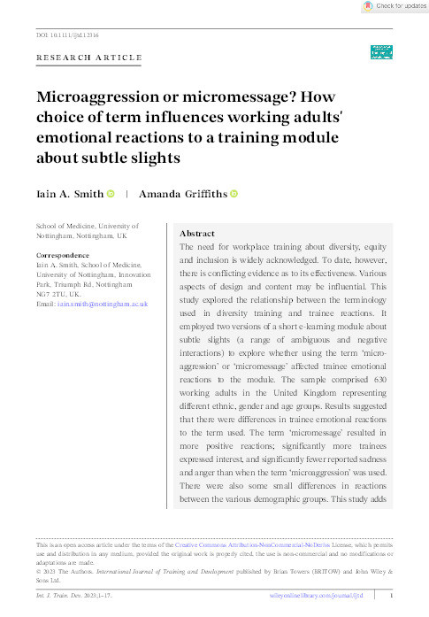 Microaggression or micromessage? How choice of term influences working adults' emotional reactions to a training module about subtle slights Thumbnail