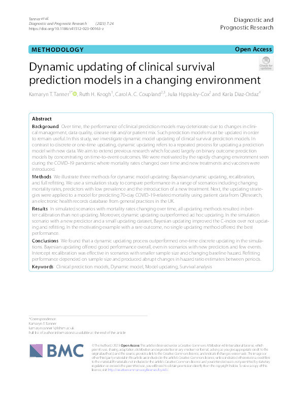 Dynamic updating of clinical survival prediction models in a changing environment Thumbnail