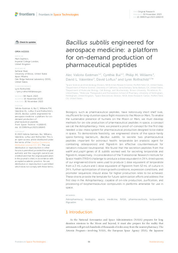 Bacillus subtilis engineered for aerospace medicine: a platform for on-demand production of pharmaceutical peptides Thumbnail