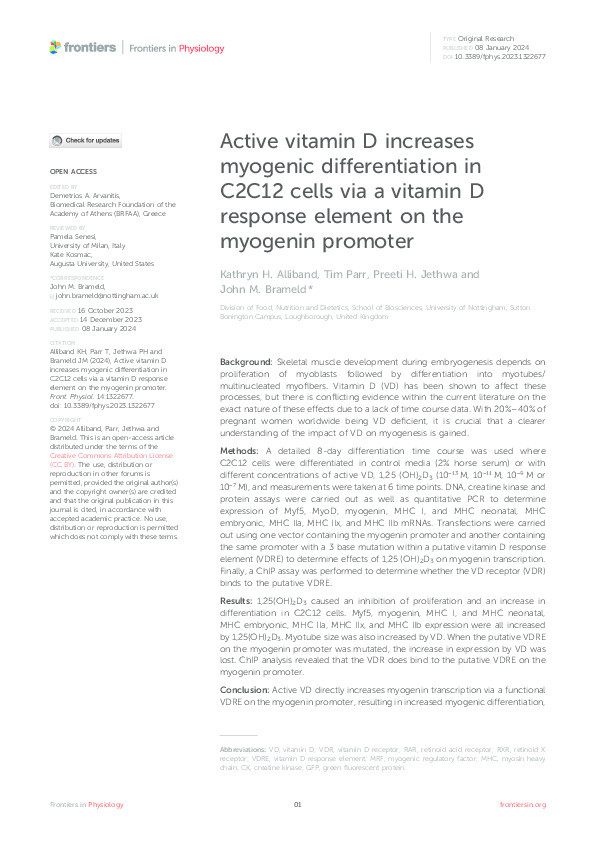 Active vitamin D increases myogenic differentiation in C2C12 cells via a vitamin D response element on the myogenin promoter Thumbnail