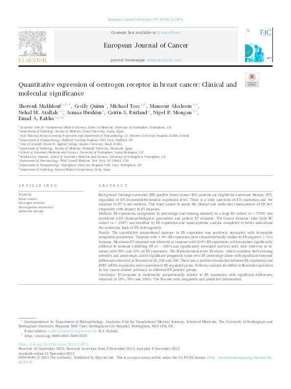 Quantitative expression of oestrogen receptor in breast cancer: Clinical and molecular significance Thumbnail