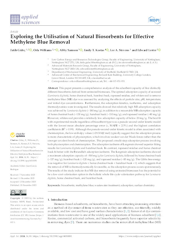 Exploring the Utilisation of Natural Biosorbents for Effective Methylene Blue Removal Thumbnail