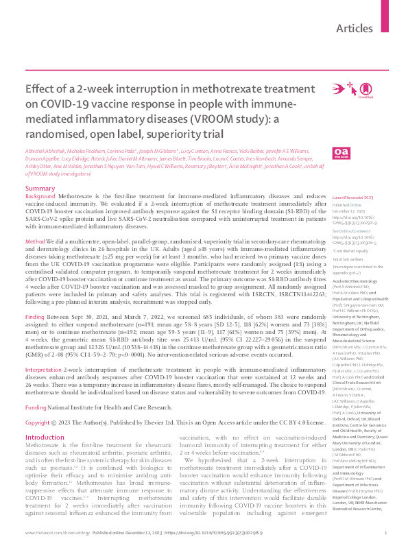 Effect of a 2-week interruption in methotrexate treatment on COVID-19 vaccine response in people with immune-mediated inflammatory diseases (VROOM study): a randomised, open label, superiority trial Thumbnail