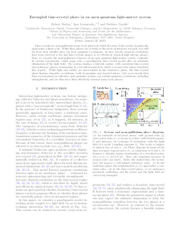 Entangled time-crystal phase in an open quantum light-matter system Thumbnail