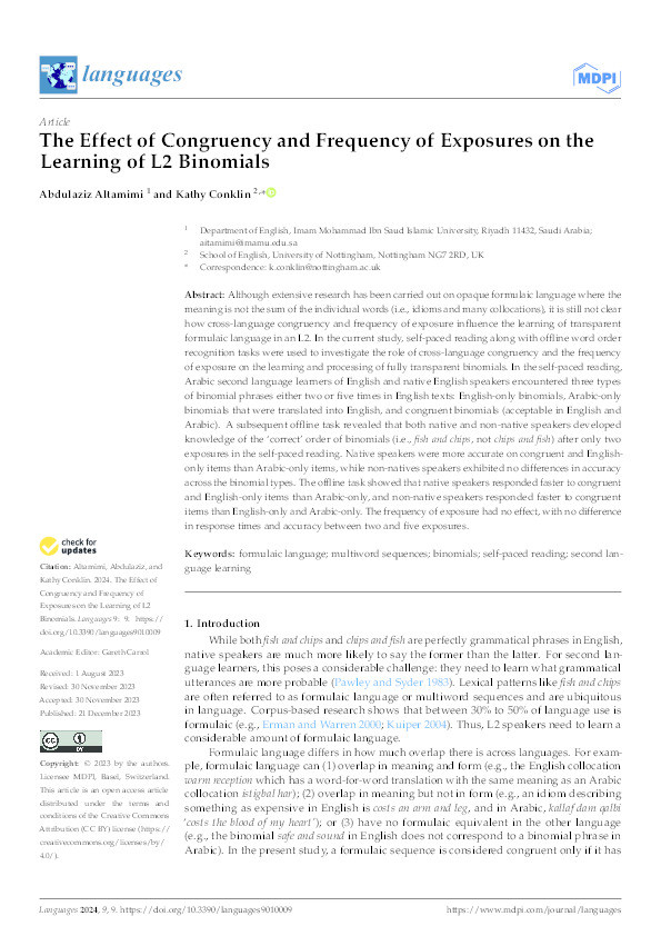 The Effect of Congruency and Frequency of Exposures on the Learning of L2 Binomials Thumbnail