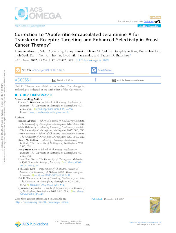 Correction to “Apoferritin-Encapsulated Jerantinine A for Transferrin Receptor Targeting and Enhanced Selectivity in Breast Cancer Therapy” Thumbnail