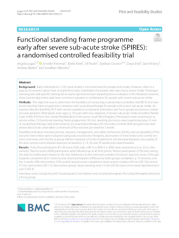 Functional standing frame programme early after severe sub-acute stroke (SPIRES): a randomised controlled feasibility trial Thumbnail