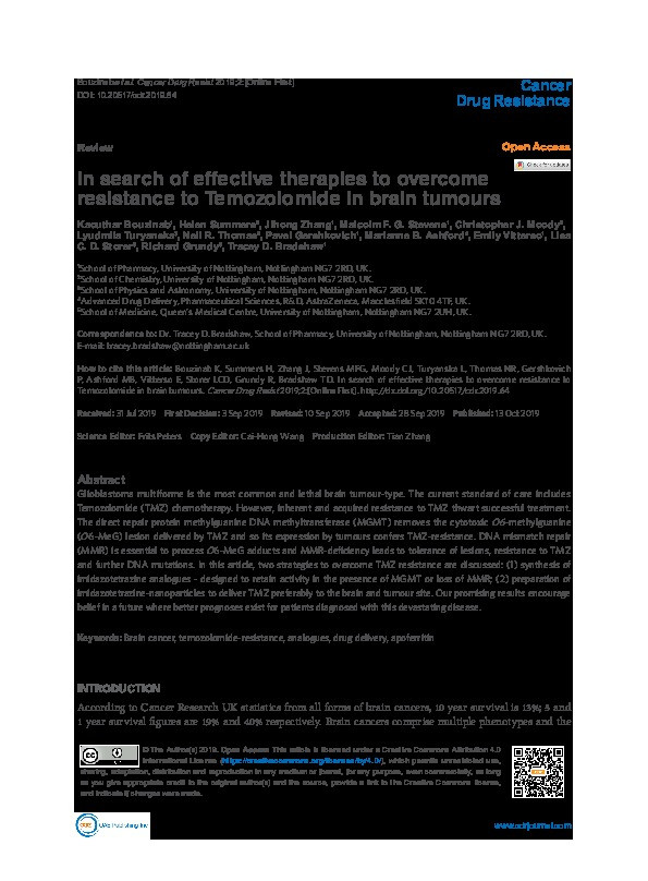 In search of effective therapies to overcome resistance to Temozolomide in brain tumours Thumbnail