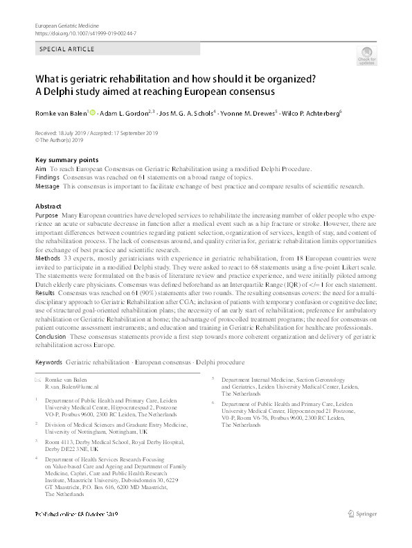 What is geriatric rehabilitation and how should it be organized? A Delphi study aimed at reaching European consensus Thumbnail